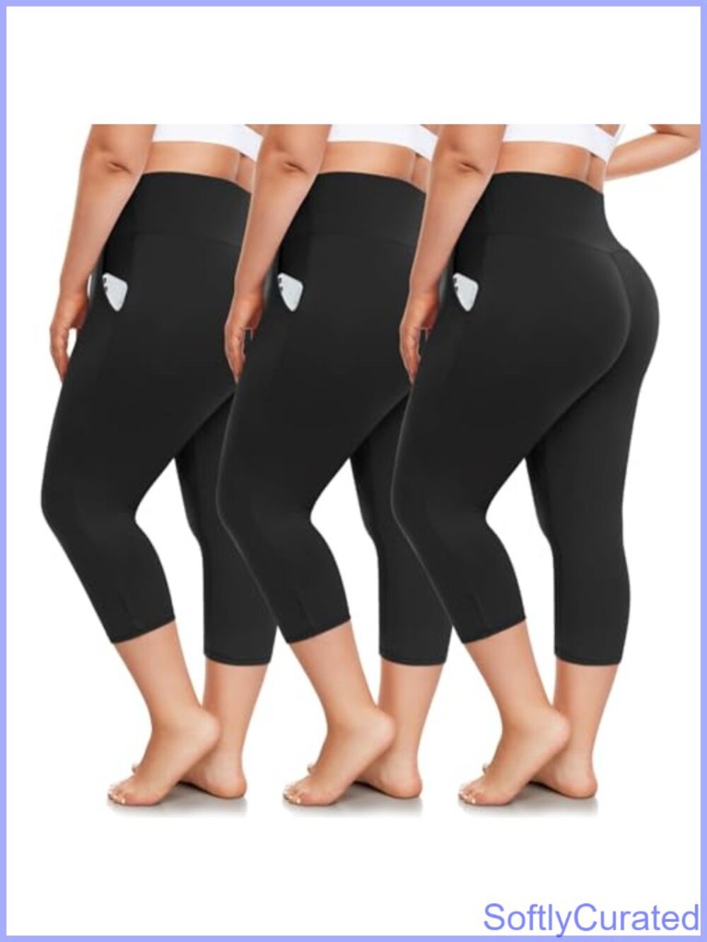 Plus Size Capri Leggings with Pockets High Waist Tummy Control 3 Pack
